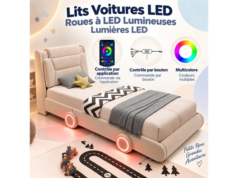 Lit voiture enfant 90 x 200 cm, velours crème, tête de lit réglable, roues lumineuses - Conforama E