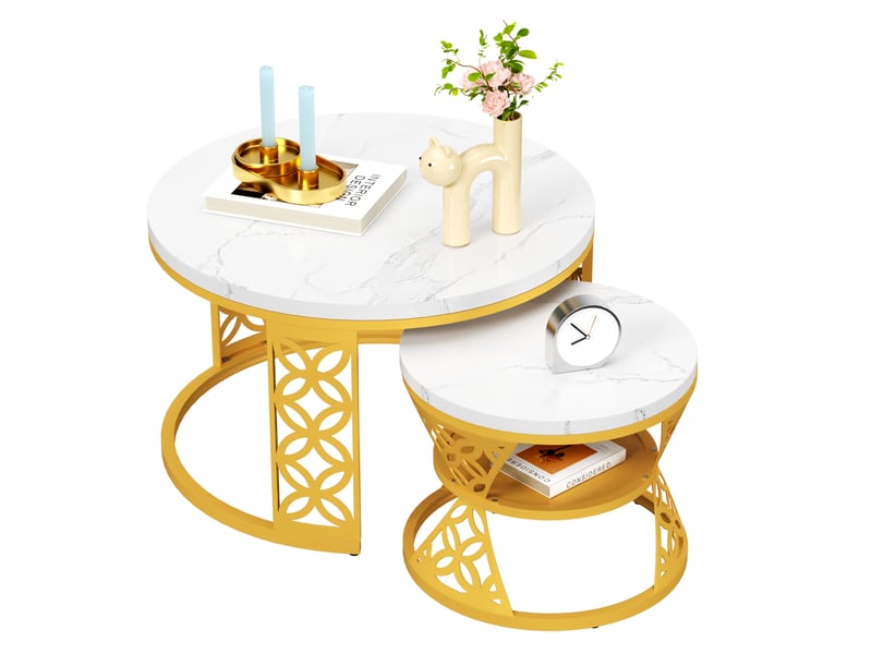  Table basse ulevr gigogne 2 pièces, plateau effet marbre blanc brillant, structure métal dorée, pieds réglables  - Conforama A