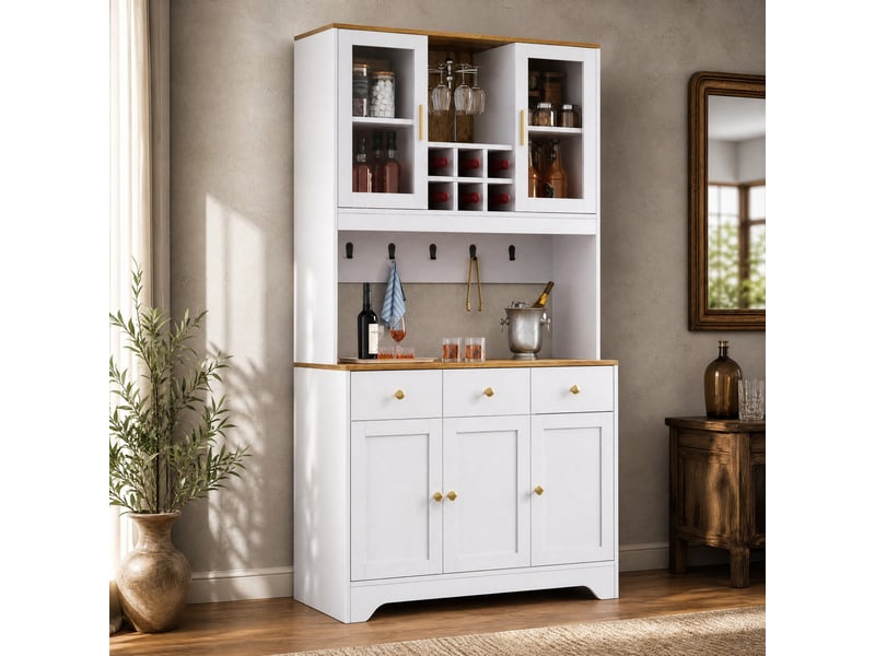  Buffet 5 portes, 3 tiroirs et niches avec fermeture douce pour salon en mdf 94,5×30×175,5 cm blanc  - Conforama B