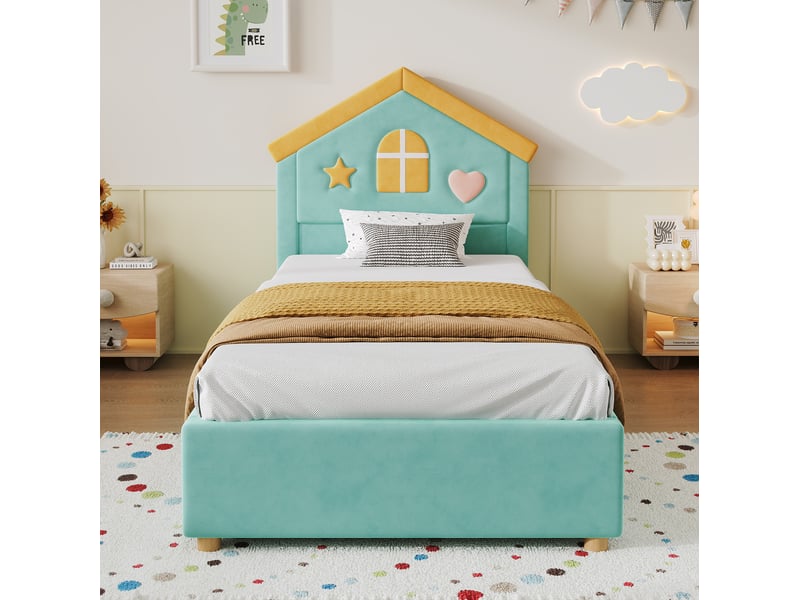 Lit cabane enfant modenvie 90 x 200 cm avec 4 tiroirs bleu-vert en velours  - Conforama E