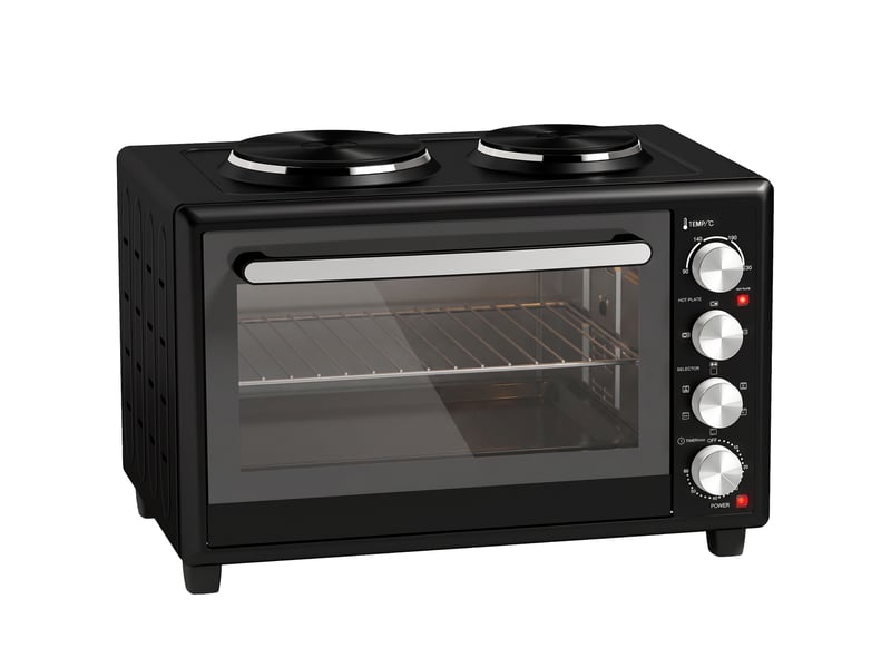Mini-four avec 2 plaques de cuisson et broche rotative 46l 2850 w, four à convection multifonction, minuterie, noir - Conforama B