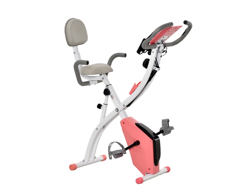  Vélo appartement pliable, home trainer adultes, 8 résistances magnétiques, pouls main, lcd multifonction, selle réglable, acier, roseblanc.  - Conforama B