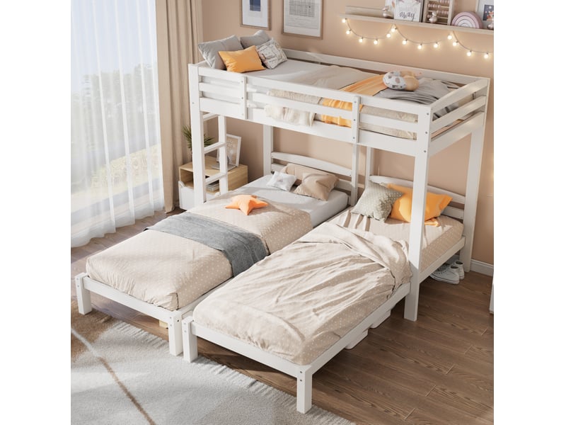  Modenvie lit superposé triple 90x200 cm - 3 couchages, échelle latérale réversible, sans matelas - blanc  - Conforama E