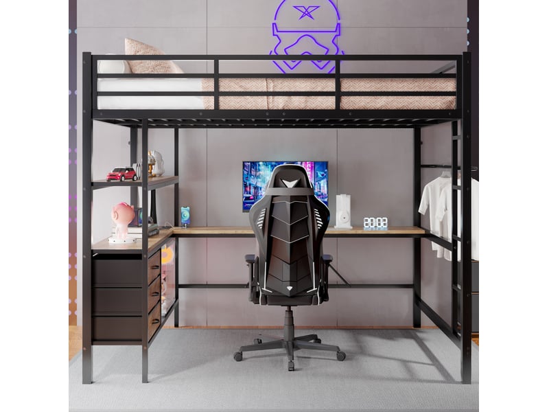  Lit mezzanine 140 x 200 cm noir avec bureau, éclairage led, prise et port usb, rangements  - Conforama E