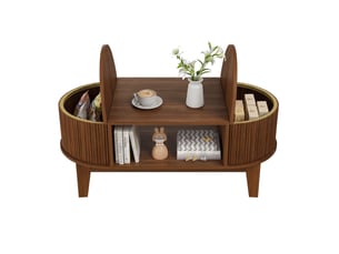 Table basse ovale – noyer – rangement triple – couvercle relevable – design rétro – 100×50×40,5 cm