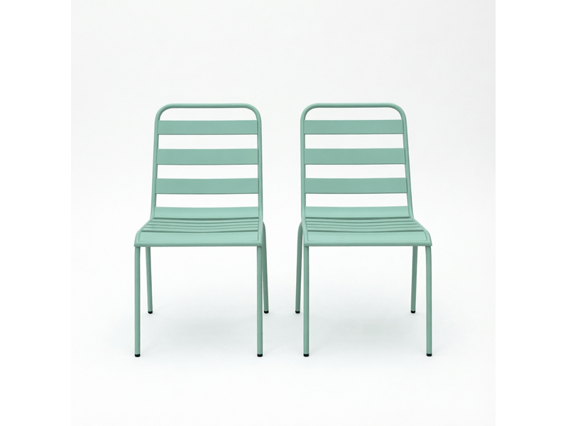 Lot de 2 chaises de jardin empilables en acier vert, pieds réglables pour terrasse, résistantes aux intempéries - Conforama A