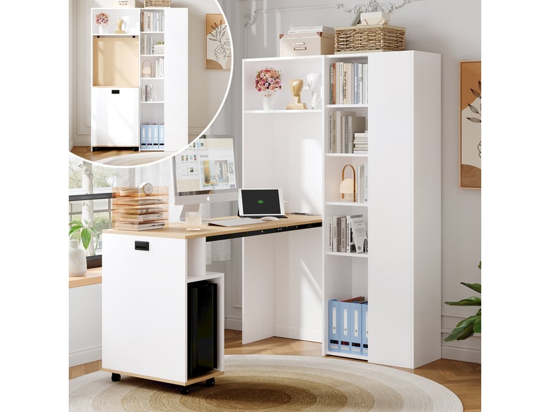  Bureau bibliothèque pliable 104,5x30,5x160 cm, angle droit avec prise usb, étagères réglables et anti-basculement, mdf, blanc OMNIGLINT TRADING LTD - Conforama E
