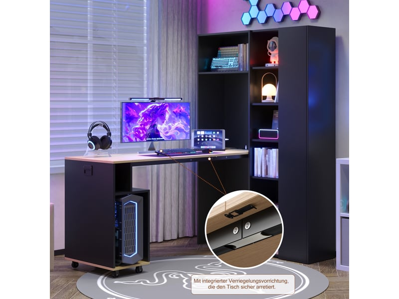 Bureau bibliothèque 2 en 1, bureau pliable avec étagères et prise usb, mdf noir et chêne, 104.5x30.5x160cm, gain de place. - Conforama W