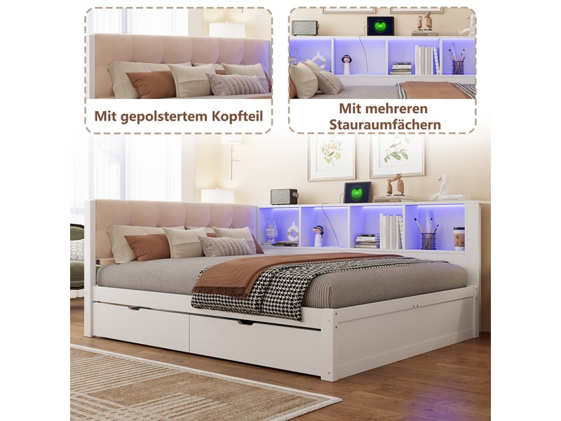  Lit de jour 140x200 en pin massif avec tiroirs, étagères et led  - Conforama E