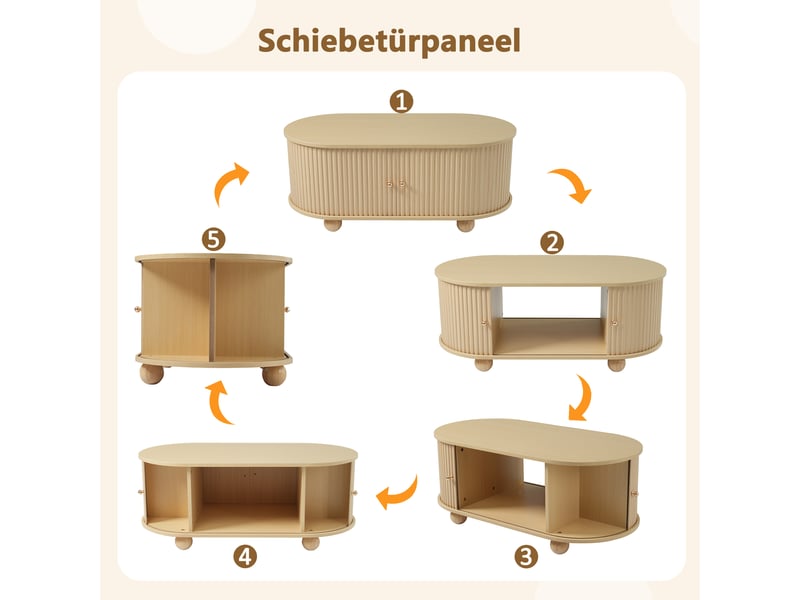  Table basse ovale avec portes coulissantes, rangement et pieds ronds, en mdf finition bois, pour salon, 100×50×40 cm  - Conforama E