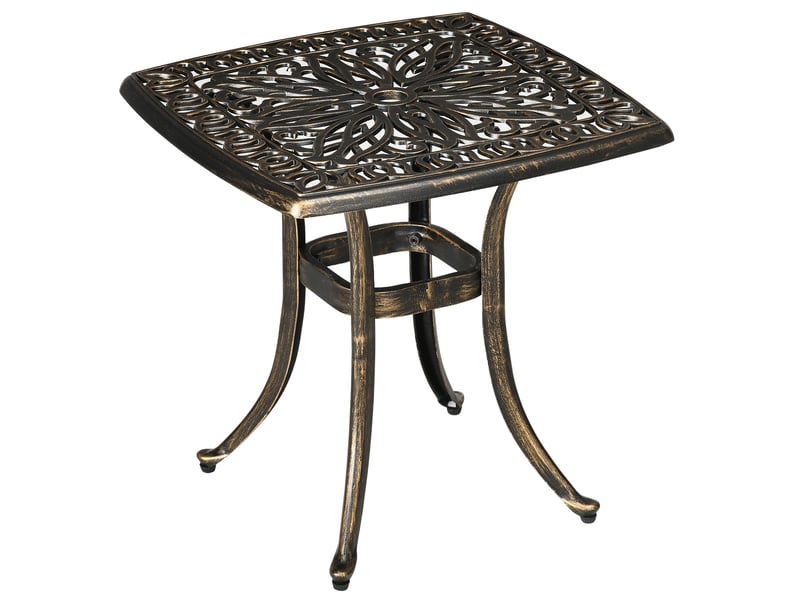 Table d'appoint extérieur 54 x 54 cm en aluminium bronze, trou de parasol et pieds réglables pour terrasse - Conforama A