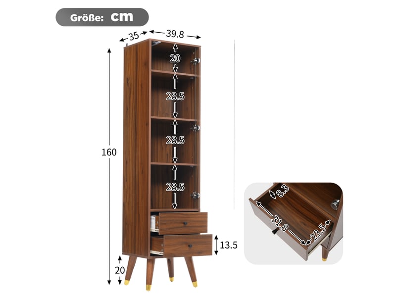 Vitrine haute 39,8 x 35 x 160 cm noyer foncé mdf, porte vitrée, 2 tiroirs et étagères réglables  - Conforama C