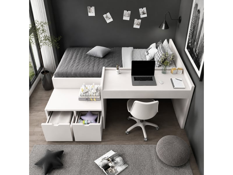  Lit combiné enfant, lit simple avec bureau, 2 tiroirs et rangement, 200×90 cm, sans matelas, blanc  - Conforama B
