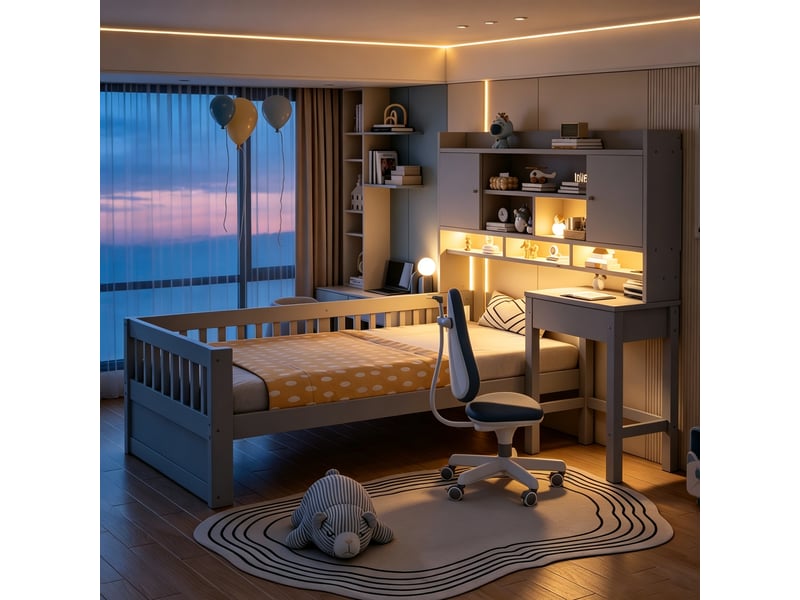 Lit enfant multifonction 90x200 cm en bois avec bureau, rangements, étagères, tiroirs, led et prise usb - gris - Conforama B