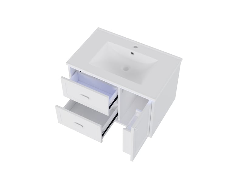 Meuble vasque mural salle de bain blanc 76 cm avec lavabo intégré, led et 2 tiroirs silencieux - Conforama D