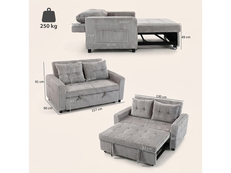  Canapé convertible 2 places velours côtelé gris clair 157 x 90 x 91 cm  - Conforama C