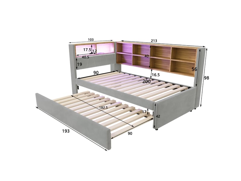  Canapé-lit 90*200 cm avec lit gigogne 90*190 cm, led, usb, rangements, gris clair et cadre stable multifonctionnel  - Conforama B