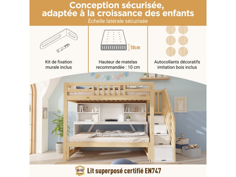  Lit superposé enfant 90x200 et 90x190 cm - bureau mobile, lit gigogne et étagères - pour chambre d’enfant - bois - blanc et chêne  - Conforama D