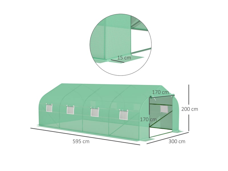  Serre d'environ 6 x 3 x 2 m, serre en aluminium avec porte enroulable, porte zippée, 8 fenêtres en filet, poteaux de support  - Conforama E