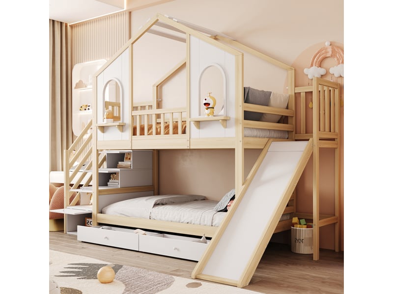  Lit superposé enfant 90 × 200 cm 2 places avec toboggan, échelle de rangement et 2 tiroirs, sans matelas, blanc et naturel  - Conforama C