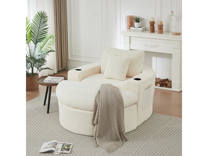 Fauteuil lounge xxl 156 x 136 x 88 cm avec pouf, rangement, porte-gobelet et double coussin, velours côtelé, mousse et ressorts, beige OMNIGLINT TRADING LTD - Conforama E