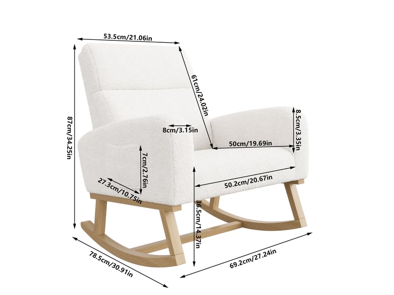  Fauteuil à bascule - 69,2x78,5x87cm - fauteuil roulant laine bouclée avec haut dossier, poches latérales &amp; pieds bois - blanc  - Conforama E