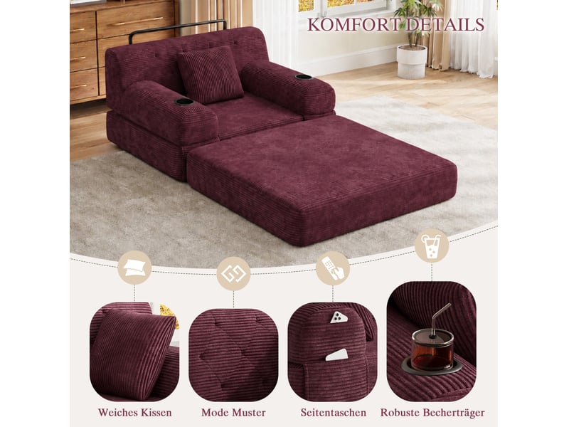  Fauteuil convertible 1 place en velours côtelé rouge bordeaux, 107x80x81 cm  - Conforama W