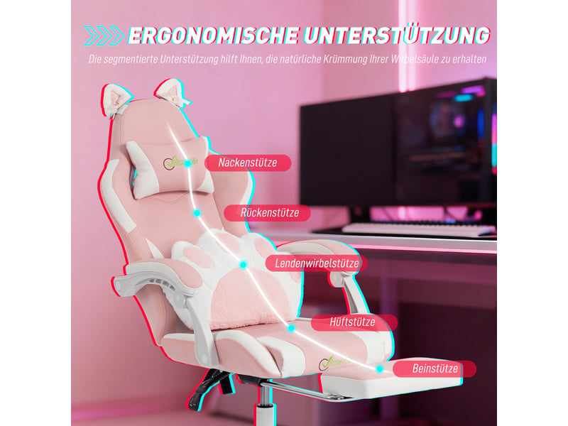 Chaise gaming rose ergonomique avec oreilles de chat, repose-pieds, dossier inclinable et appui-tête - Conforama R