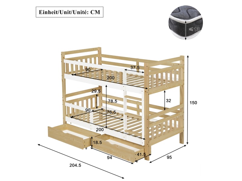  Lit superposé enfant 90x200 séparable avec 2 tiroirs evryae  - Conforama E