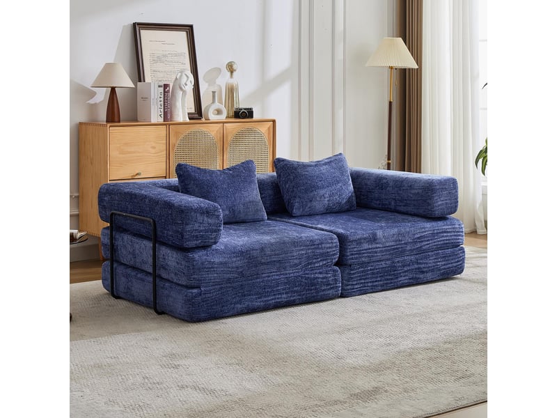  Canapé convertible 2 places - 200x100x63cm - canapé lit modulaire tissu chenille matelas ressorts ensachés - bleu foncé  - Conforama B