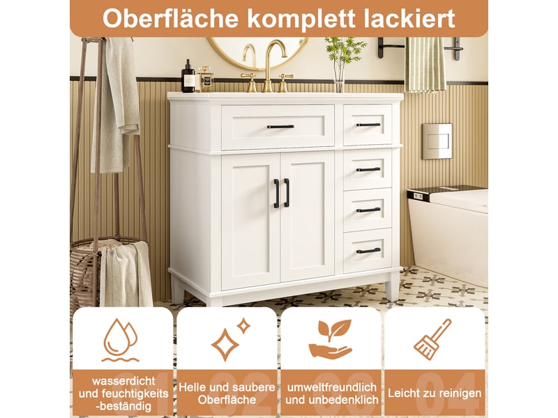  Meuble vasque sur pied blanc, 90 x 46 x 87 cm, en mdf et céramique, avec pieds en bois massif et vasque intégrée  - Conforama D