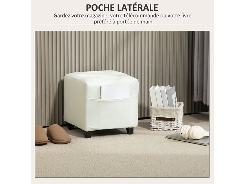  Repose pied salon, ottoman, siège rembourré capitonné en tissu aspect lin avec poche latérale, crème, 35 x 35 x 35 cm  - Conforama E