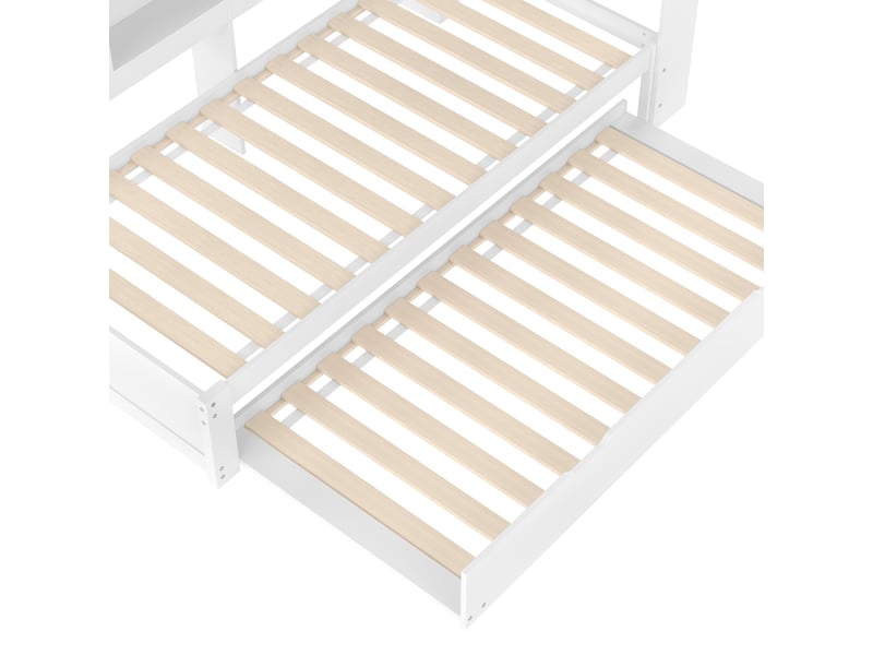  Lit banquette 90x200 avec lit gigogne extensible, ports usb et rangements, structure en bois, blanc  - Conforama E