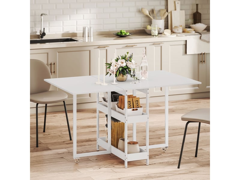  Table à manger pliante sur roulettes 4 personnes avec compartiments ouverts, pour petits espaces, salle à manger, blanc  - Conforama D