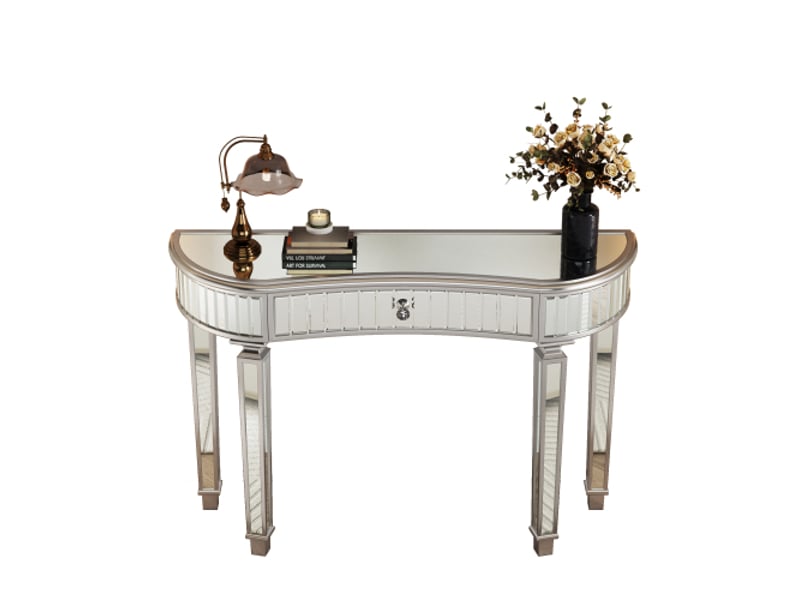 Console demi-lune miroir 120 cm – vanité moderne gris argent, tiroir à poignée cristal, verre cannelé, table luxe  - Conforama A
