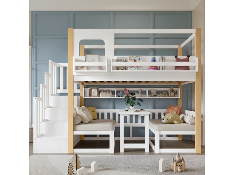  Lit superposé enfant avec bureau intégré, marche de rangement et étagère – bois pin mdf blanc naturel – 90x200 cm  - Conforama E