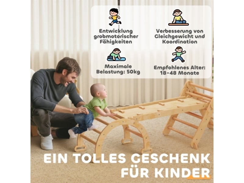 Structure d’escalade 7 en 1 en bois, arche, échelle, rampe, mur, toboggan, pliable, 1,5-4 ans - Conforama B