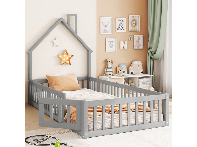  Lit cabane enfant 90 x 200 cm avec sommier à lattes et barrière de sécurité gris  - Conforama B