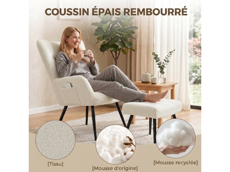  Fauteuil avec repose-pied en tissu teddy beige 78 x 68 x 93 cm  - Conforama E