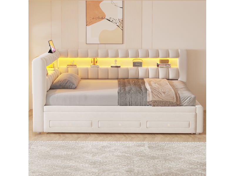 Lit banquette 90x190 cm en velours beige avec lit gigogne, tiroirs, led et usb - Conforama D