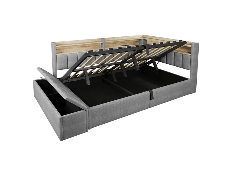 Canapé-lit coffre 140 x 200 cm - avec prise électrique - avec port usb + bande lumineuse led - gris (matelas non inclus) - Conforama A