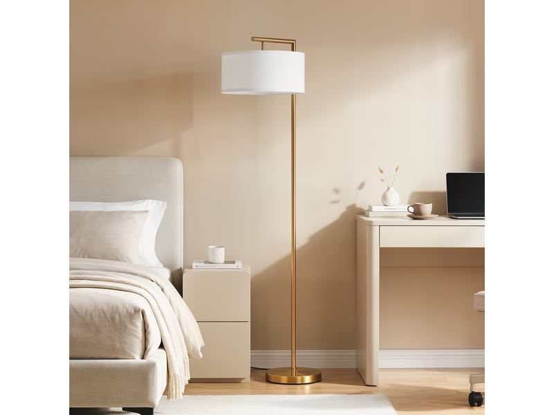  Lampadaire lampe à pied abat-jour en tissu de lin base ronde stable pour salle bureau chambre à coucher 47 x 37 x 153 cm or et blanc  - Conforama D