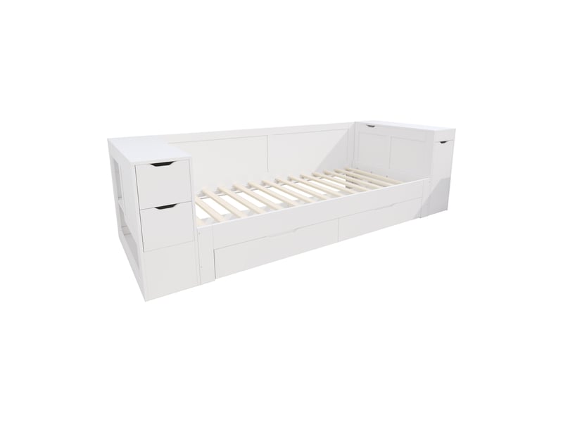  Lit enfant, banquette-lit, 90 x 200 cm, lit simple, lit enfant multifonctionnel avec tiroirs, étagères et espace de rangement, avec table de chevet, sans matelas, blanc  - Conforama D