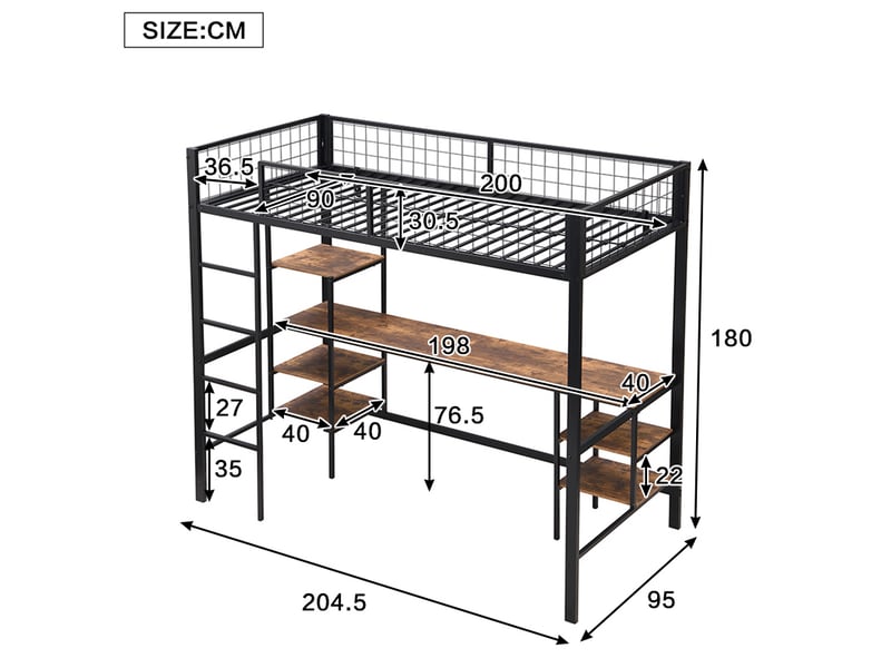  Lit mezzanine 90x200 cm avec bureau et rangement métal panneau de particules noir et bois foncé sans matelas  - Conforama C