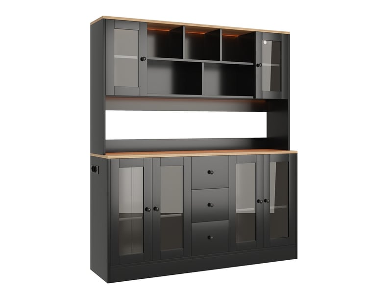  Buffet 150 x 40 x 173 cm - armoire de cuisine haute avec portes vitrées, 3 tiroirs, led et prises - noir  - Conforama A