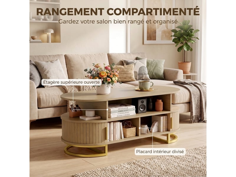  Table basse ovale, table de salon moderne avec portes à tambour coulissantes, étagères ouvertes, rangement fermé, chêne  - Conforama R