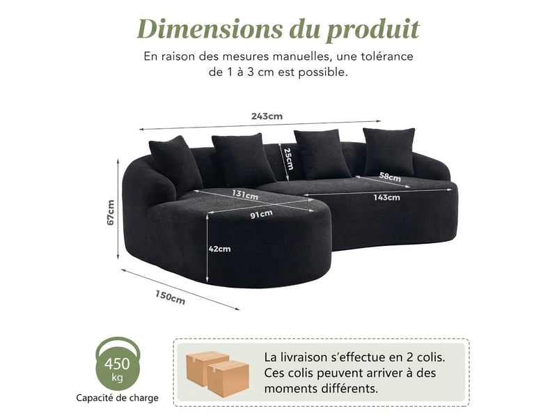  Canapé d'angle modulable avec méridienne gauche en l, chenille noire, sans montage, design courbé  - Conforama C