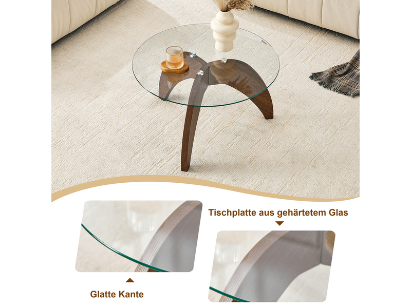  Table basse plateau en verre trempé forme ronde piètement stable à 3 pieds en mdf coloris bois foncé  - Conforama E