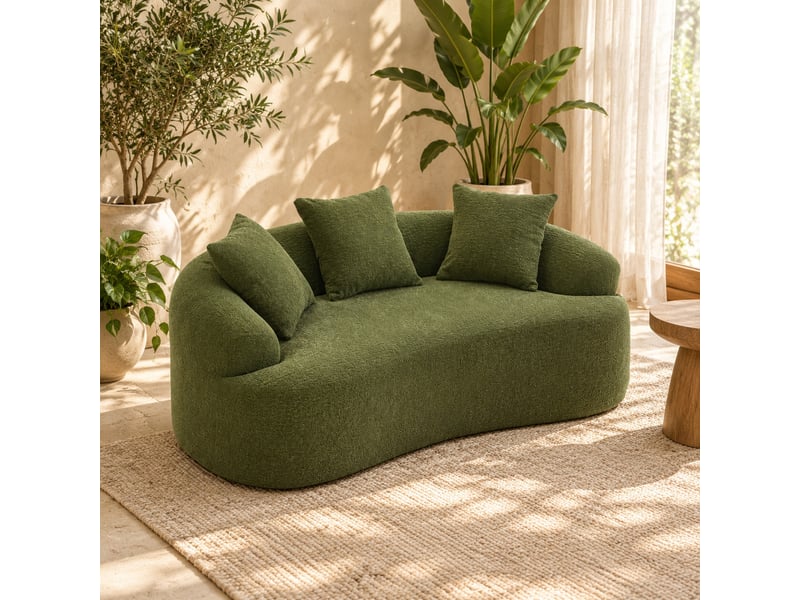  Canapé 2 places incurvé 153 x 94 x 63 cm en chenille vert, 3 coussins décoratifs  - Conforama B