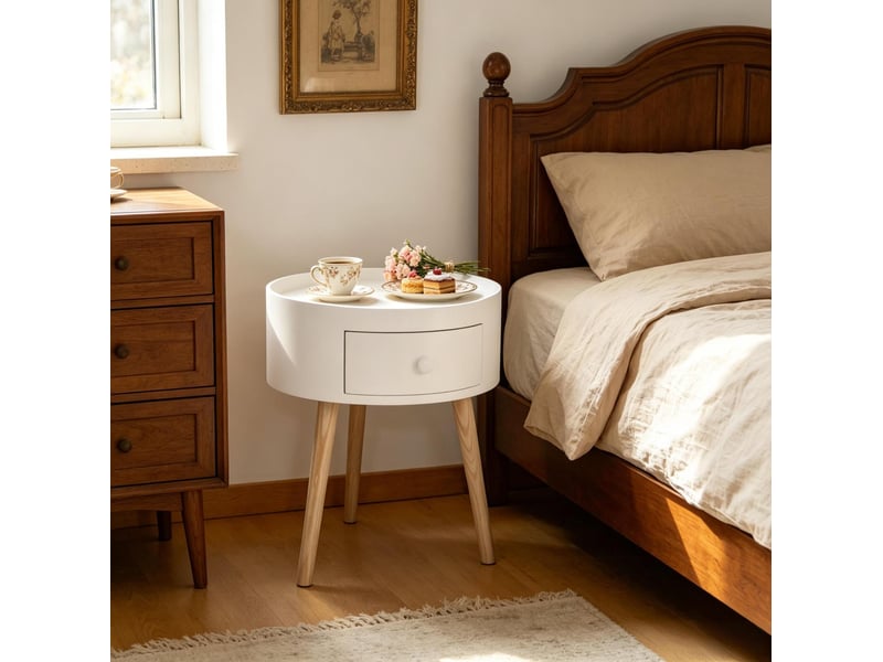  Table de chevet tcqpz ronde avec tiroir 38 x 38 x 45 cm mdf et bois blanc et bois clair  - Conforama D